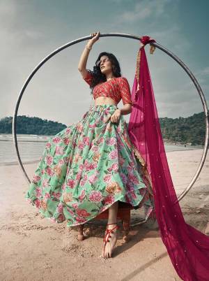 Attrective Bridal Partywear Heavy Designer Lehenga Choli And Dupatta In Fine Color Fabricated On Art Silk Blouse And Lahenga Are Organza Beautified With Heavy Attractive Printed With Thread,Seaquance Embroidery Work. 