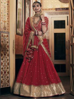 Look Attrective Bridal Partywear Heavy Designer Lehenga Choli And Dupatta In Red Color Fabricated On Georgette Beautified With Heavy Attractive Jari,Thread,Seaquance Embroidery. 