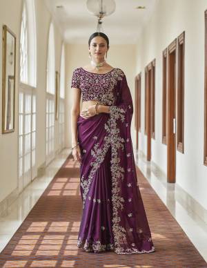 Look Attrectiv This Partywear Saree Are Fine Saree Paired With Blouse.This Saree Are Crepe And Blouse Are Crepe Fabric With Heavy Designer Work Based. Buy This Pretty Saree Now.