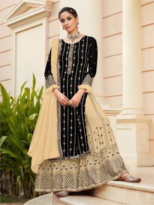 Attrective This Designer Long Length Sharara Suits In Lovely Color.?Its Pretty Designer Mirror Embroidery Work Top Is Faux Georgette Based Paired Bottom Santoon With Batterfly Faux Georgette Fabricated Dupatta Which Gives An Attractive To The Dress.