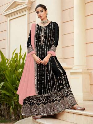 Attrective This Designer Long Length Sharara Suits In Lovely Color.?Its Pretty Designer Mirror Embroidery Work Top Is Faux Georgette Based Paired Bottom Santoon With Batterfly Faux Georgette Fabricated Dupatta Which Gives An Attractive To The Dress.