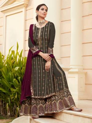 Attrective This Designer Long Length Sharara Suits In Lovely Color.?Its Pretty Designer Mirror Embroidery Work Top Is Faux Georgette Based Paired Bottom Santoon With Batterfly Faux Georgette Fabricated Dupatta Which Gives An Attractive To The Dress.