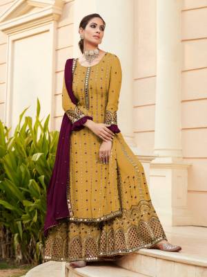 Attrective This Designer Long Length Sharara Suits In Lovely Color.?Its Pretty Designer Mirror Embroidery Work Top Is Faux Georgette Based Paired Bottom Santoon With Batterfly Faux Georgette Fabricated Dupatta Which Gives An Attractive To The Dress.