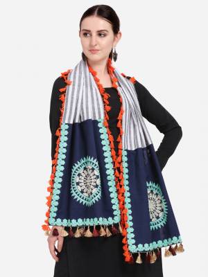 Attrective Enhance the Look Of Your Dress With This Pretty Heavy Thread Embroidered Cotton Khadi Fabricated Stoles. You Can Pair This Up Same Or Contrasting Colored Attire. Buy Now.