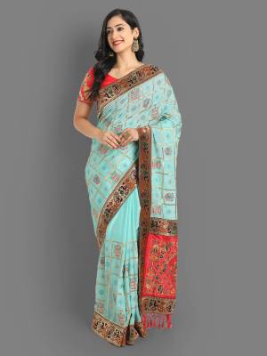 Garb This Traditionl Partywear Saree Are Fine Saree Paired With Contrased Blouse.This Saree Are Chinon Silk And Blouse Are Fentam Silk Based Fabric With Heavy Designer Thread Embroidery,Diamond Work. Buy This Pretty Saree Now.