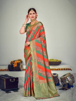 Look Attrective This Partywear Saree Are Fine Saree Paired With Blouse.This Saree Are Banarasi Silk And Blouse Are Banarasi Silk Based Fabric With Weaving Jari Designer Work. Buy This Pretty Saree Now.