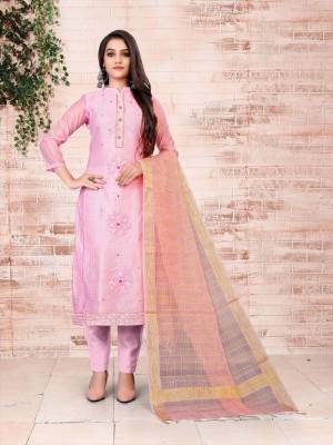 Garb This Designer Suits In Lovely Color.?Its Pretty Designer Embroidery Work Top Is Modal Chanderi Based Paired Bottom Santoon With Fancy Fabricated Dupatta Which Gives An Attractive To The Dress.