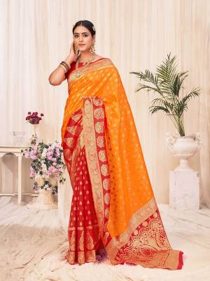 Look Attrective This Wedding Partywear Saree Are Fine Saree Paired With Blouse.This Saree And Blouse Are Banarasi Silk Based Fabric With Weaving Designer Work. Buy This Pretty Saree Now.