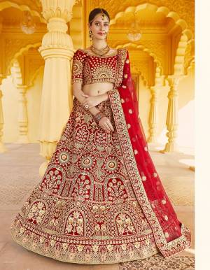 Attrective This Wedding Partywear Designer Lehenga Choli And Dupatta In Red Color Fabricated On Velvet Beautified Fabric With Heavy Designer Embroidery With Hand Work. Buy Now.