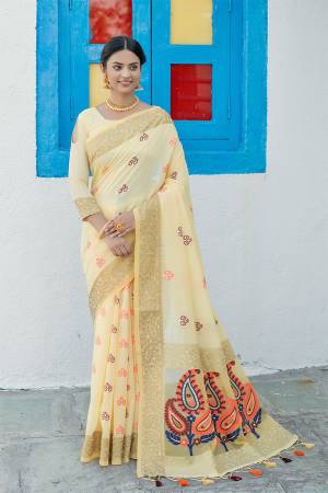 Stylist This Designer Partywear Saree Are Fine Saree Paired With Blouse.This Saree And Blouse Are Linen Based Fabric With Heavy Wevon Meenakari Colourful Tassels Designer. Buy This Pretty Saree Now.