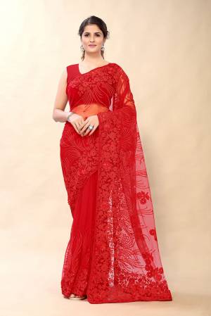 Looking This Partywear Saree Are Fine Saree Paired With Blouse.This Saree And Blouse Are Net Fabric With Heavy Designer Embroidery With Stone Work. Buy This Pretty Saree Now.