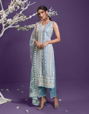 Attrective This Designer Lacknowi Long Length Suit In Lovely Light Color.Its Pretty Heavy Designer Cotton Thread,Sequance Embroidery Work Top Is Net Based Paired With Banglori Silk Bottom And Net Fabricated Dupatta Which Gives An Attractive To The Suit.