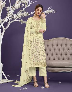 Attrective This Designer Long Length Suit In Lovely Light Color.Its Pretty Heavy Designer Thread,Jari,Sequance Embroidery Work Top Is Georgette Based Paired With Dull Santoon Bottom And Georgette Fabricated Dupatta Which Gives An Attractive To The Suit.