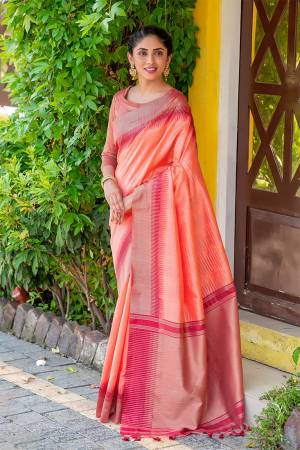 Classic Designer Partywear Saree Are Fine Color Paired With Blouse.This Saree And Blouse Are South Cotton Based Fabric With Heavy Wevon Jari And Temple Pallu Border Tassels Designer. Buy This Pretty Saree Now.