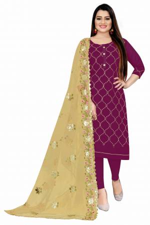 Attrective This Suits In Lovely Color.Its Pretty Top Is Chanderi Based Paired Bottom Santoon And Net Fabricated Dupatta Are Embroidery With Gota Patti Work. Which Gives An Attractive To The Dress.