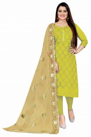 Attrective This Suits In Lovely Color.Its Pretty Top Is Chanderi Based Paired Bottom Santoon And Net Fabricated Dupatta Are Embroidery With Gota Patti Work. Which Gives An Attractive To The Dress.