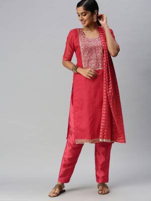 Stylist This Designer Suits In Lovely Color.Its Pretty Designer Hand Embroidery Work Top Is Modal Chanderi Based Paired Bottom Santoon With Fancy Weaving Fabricated Dupatta Which Gives An Attractive To The Dress.