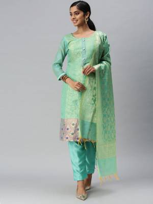 Looking This Designer Suits In Lovely Color.?Its Pretty Designer Weaving Jacquard Work Top Is Banarasi Jacquard Based Paired Bottom Santoon With Banarasi Jacquard Weaving Work Fabricated Dupatta Which Gives An Attractive To The Dress.