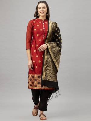 Looking This Designer Suits In Lovely Color.?Its Pretty Designer Weaving Jacquard Work Top Is Banarasi Jacquard Based Paired Bottom Santoon With Banarasi Jacquard Weaving Work Fabricated Dupatta Which Gives An Attractive To The Dress.