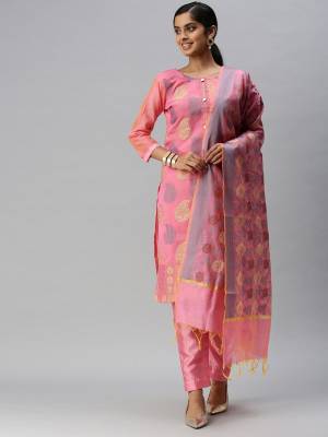 Stylist This Designer Suits In Lovely Color.?Its Pretty Designer Wevon Work Top Is Banarasi Jacquard Based Paired Bottom Santoon With Banarasi Jacquard Fabricated Dupatta Which Gives An Attractive To The Dress.