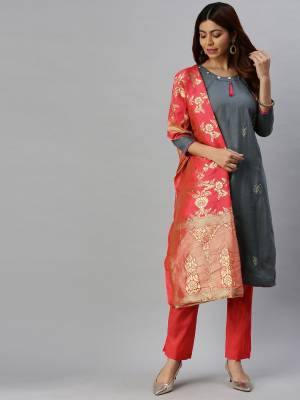 Stylist This Designer Suits In Lovely Color.?Its Pretty Designer Embridery Work Top Is Cotton Slub Based Paired Bottom Cotton With Banarasi Jacquard Fabricated Dupatta Which Gives An Attractive To The Dress.