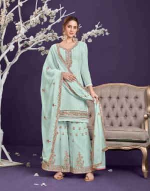 Partywear Designer Plazzo Suit In Lovely Color.Its Pretty Heavy Designer Thread,Sequance Embroidery Work Top Is Georgette Based Paired With Georgette Bottom And Georgette Fabricated Dupatta Buy Now This  Attractive Collection