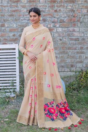 Attrective This Partywear Saree Paired With Blouse.This Saree And Blouse Are Handloom Linen Based Fabric With Heavy Wevon Meenakari Designer Work. Buy This Pretty Saree Now.