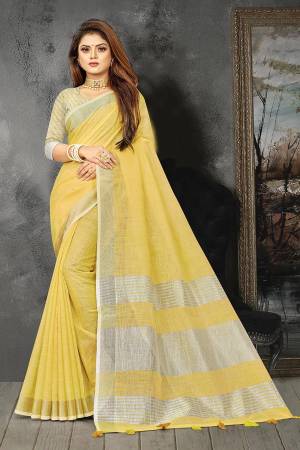 Enhance Your Personality In This Lovely Colored Designer Saree. This Saree And Blouse Are Linen Based Fabric With Heavy Wevon Pallu Border Designer. Buy This Pretty Saree Now.