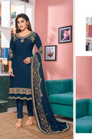 Look Pretty Wearing This Designer Suit In Teal Color Paired With Teal Colored Bottom And Dupatta. Its Top Is Fabricated On Georgette Paired With Santoon Bottom And Faux Georgette Dupatta. Its Top Is Beautified With Designer Embroidery,Stone Work. Buy Now