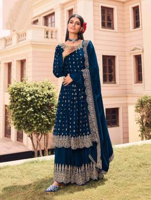 Grab These Designer Semi Stiched Plazzo Suit In Blue Color Its Top Bottom And Duptta Its Fabricated On Faux Georgette Based And Beautified With Heavy Designer Embroidery Work.