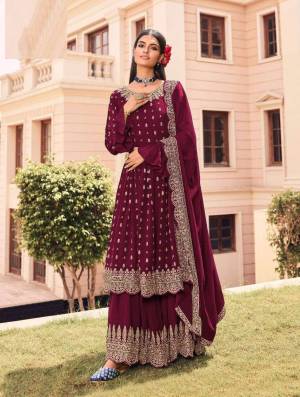 Grab These Designer Semi Stiched Plazzo Suit In Maroon Color Its Top Bottom And Duptta Its Fabricated On Faux Georgette Based And Beautified With Heavy Designer Embroidery Work.