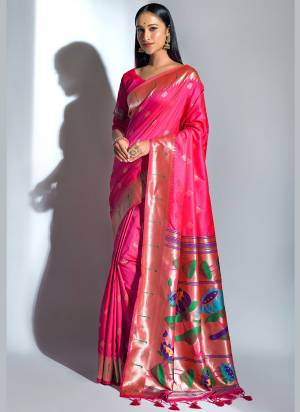 Enhance Your Personality In This Lovely Colored Saree Come With Matching Blouse?This Saree And Blouse Are Banarasi Soft Silk Based Fabric With Wevon Paithani Designer.Buy This Pretty Saree Now