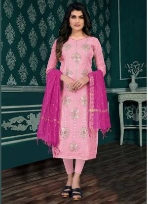 Here Is A Very Beautiful Suit In Pretty Colored Top Bottom And Dupatta. Top is Fabricated On Chanderi Pair With Santoon Bottom And Banarasi Dupatta Beautified With Designer Embroidery Work