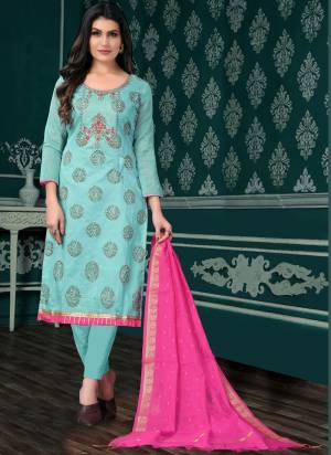 Here Is A Very Beautiful Suit In Pretty Colored Top Bottom And Dupatta. Top is Fabricated On Chanderi Pair With Santoon Bottom And Banarasi Dupatta Beautified With Designer Embroidery Work