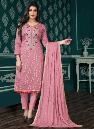 Here Is A Very Beautiful Suit In Pretty Colored Top Bottom And Dupatta. Top is Fabricated On Chanderi Pair With Santoon Bottom And Naznin Dupatta Beautified With Designer Embroidery Work