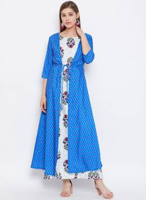 For A Bold And Beautiful Look, Grab This Beautiful Readymade Gown In Blue Color?Fabricated On Muslin. It Has Very Beautiful Digital Printed Pattern With Come All Regular Size