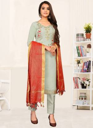 Bright And Visually Appealing Color Is Here With This Pretty Suit In Beautiful Colored Pair With Matching Bottom And Dupatta. Its Top Is Fabricated On Modal Chanderi  Paired With Santoon Bottom And Banarasi Silk Dupatta.Beautified With Designer Hand Embroidery Work