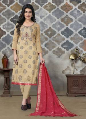 Bright And Visually Appealing Color Is Here With This Pretty Suit In Beautiful Colored Pair Bottom And Dupatta. Its Top Is Fabricated On Modal Chanderi Pair With Santoon Bottom And Banarasi Dupatta.Beautified With Designer Embroidery Work