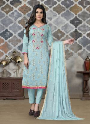 Bright And Visually Appealing Color Is Here With This Pretty Suit In Beautiful Colored Pair Bottom And Dupatta. Its Top Is Fabricated On Modal Chanderi Pair With Santoon Bottom And Banarasi Dupatta.Beautified With Designer Embroidery Work