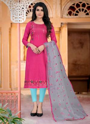 Look Pretty Wearing This Suit In All Over Pretty Colored Top Bottom And Dupatta.These Suit Is Cotton Based Fabricated And Beautified With Designer Embroidery Work.This Dress Material Ensures Superb Comfort All Day Long