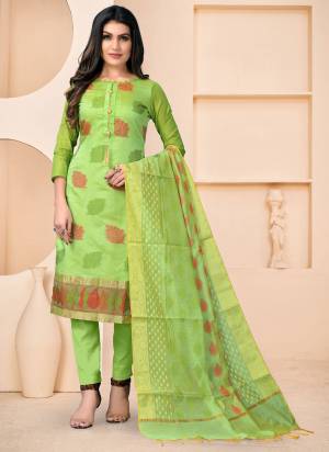 Add Some Unique Colors To Your Casual Collection In Salwar Kameez. Get This Pretty Colored Dress Material Paired With Same Colored Bottom And Dupatta.These Top Is Fabricated On Banarasi Jacquard Pair With Santoon Bottom And Banarasi Dupatta.Buy This Dress Material Now