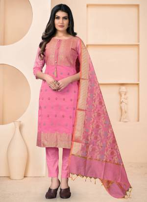 Add Some Unique Colors To Your Casual Collection In Salwar Kameez. Get This Pretty Colored Dress Material Paired With Same Colored Bottom And Dupatta.These Top Is Fabricated On Banarasi Jacquard Pair With Santoon Bottom And Banarasi Dupatta.Buy This Dress Material Now