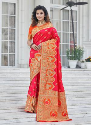 For A Different Look ,Grab These Saree in Beautiful Colored Pair With Contrasting Blouse These Saree And Blouse Are Fabricated on Banarasi Silk.Its Beautified With Heavy Wevon Jari Designer Work.