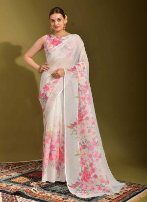 Attrective Look These Saree in Fine White Colored.These Saree And Blouse is Fabricated On Linen.Its Beautified With Designer Printed.