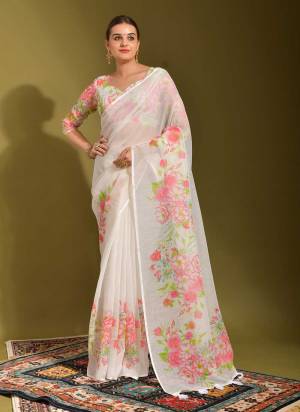 Attrective Look These Saree in Fine White Colored.These Saree And Blouse is Fabricated On Linen.Its Beautified With Designer Printed.