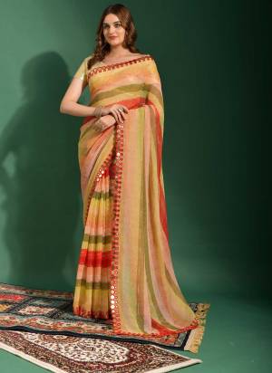 Attrective Look These Saree in Fine Colored.These Saree Are Chiffon And Blouse is Jari Brocade Fabricated.Its Beautified With Leriya Printed,Mirror Embroidery Cut Work Border.