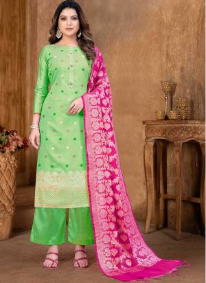 Grab These Suit in Fine Colored Pair With Bottom And Dupatta.These Top And Dupatta Are Fabricated On Banarasi Silk Pair With Santoon Bottom.Its Beautified With Wevon Jacquard Designer.