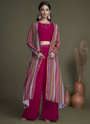 Grab These Beautiful Looking Designer Plazzo Suits With Koti.These Top And Bottom Are Georgette And Koti Is Chinon Fabricated.Its Beautified With Designer Embroidery Work.