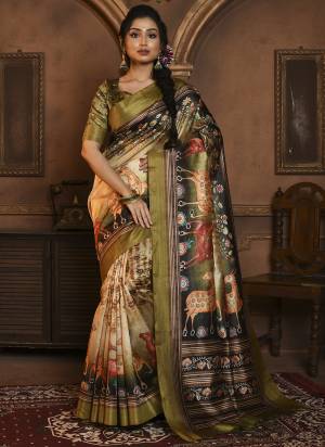 Garb These Party Wear Saree in Fine Colored.These Saree And Blouse is Fabricated On Tussar Silk.Its Beautified With Weaving Jari Border With Designer Kalamkari Digital Printed.