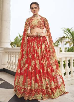 Garb This Partywear Fine Color Heavy Designer Lehemga Choli Fabric Are Faux Georgette And And Dupatta Faux Georgette In Fabricated Beautified With Attrective Floral Digital Printed,Thread,Sequance Embroidery Work. Buy Now.